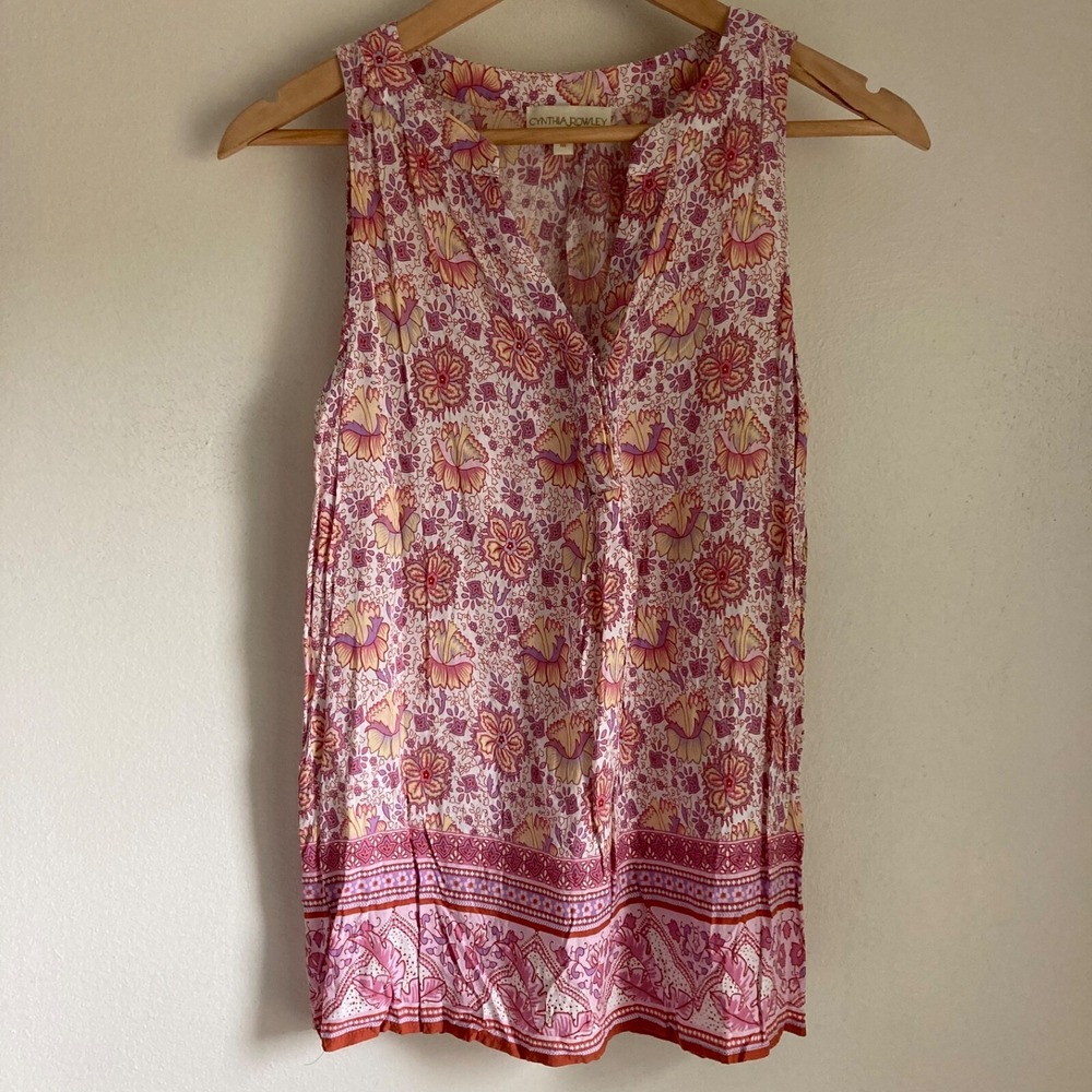 Cynthia Rowley Pink Orange Floral Paisley Sleeveless Rayon Blouse Top Medium